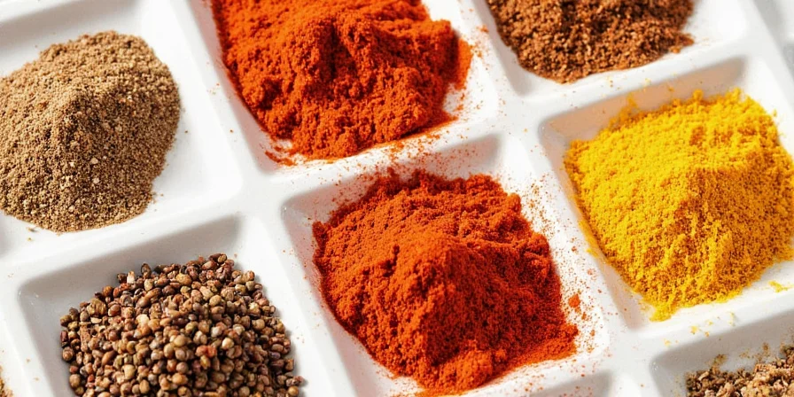 A collection of glass jars filled with various P-spices like black pepper, pink pepper, paprika, and powdered ginger.