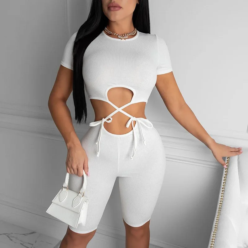 

FS2916A Sexy jumpsuit women summer short sleeve streetwear outfit fitness clothing