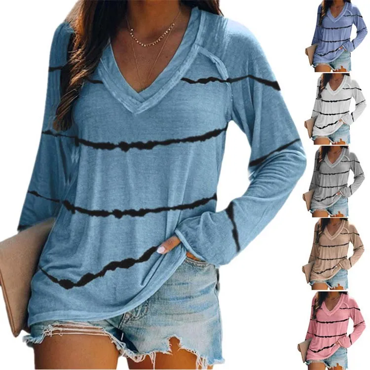 

2021 Women's T-shirts long Sleeve Summer Tie Dye Print Tank Tops 2021 V-Neck New Button Stripe Big Size Casual Shirt Ladies Tops