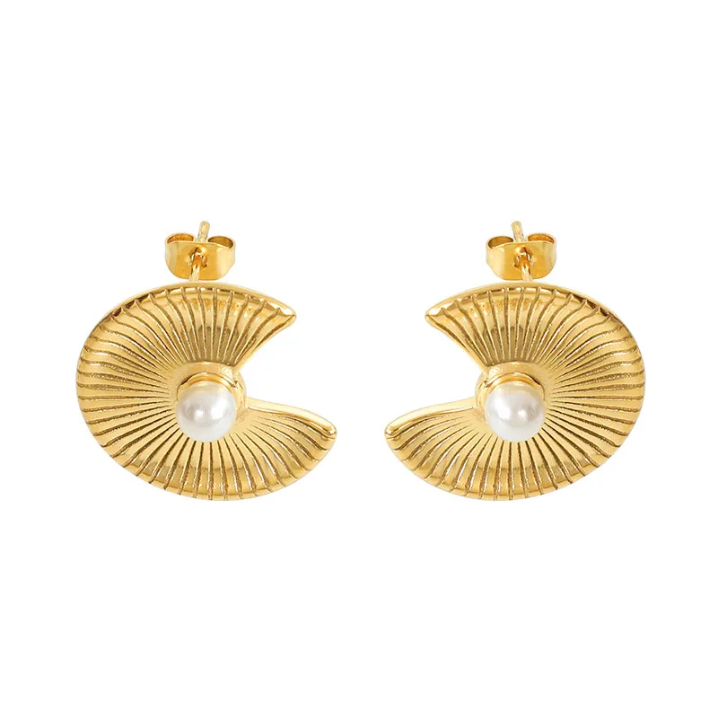 

Wholesale Custom 18K Gold Plated Stainless Steel Single Pearl Round C Shape Stud Earrings for Women