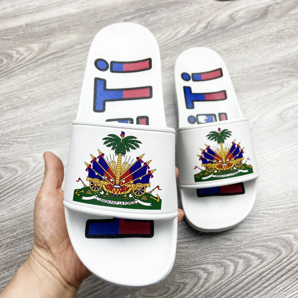 

wholesale summer new arrival 2021 men slippers Haitian slides sandal unisex full printing custom logo slippers, Customized