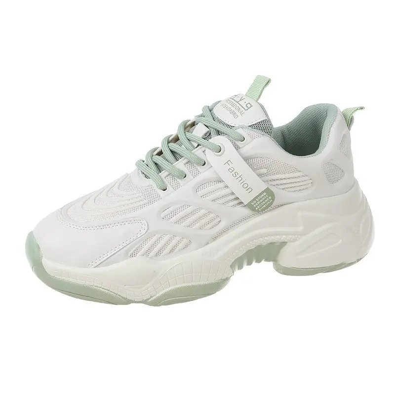 

New thick-soled stitched mesh sneakers low top shoes wild sport sneakers women, Green/grey