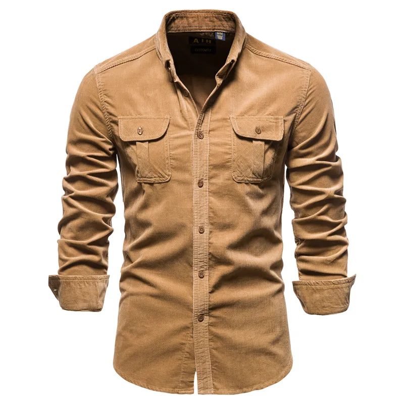 

New Single Breasted Men's Shirts Business Casual Fashion Solid Color Corduroy Autumn Slim Mens T Shirt For Men Clothing