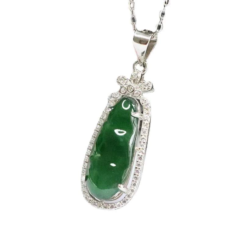 

S925 Silver Inlay Natural Emerald Pendant Emperor Green Sauteed Green Beans Factory Live Delivery FC2051214