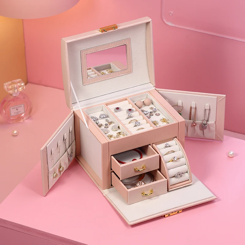 

Custom logo Luxury Leather Drawer Jewelry Box Organizer Wholesale Large Ring Earring Necklace Jewellery Storage Packaging Case