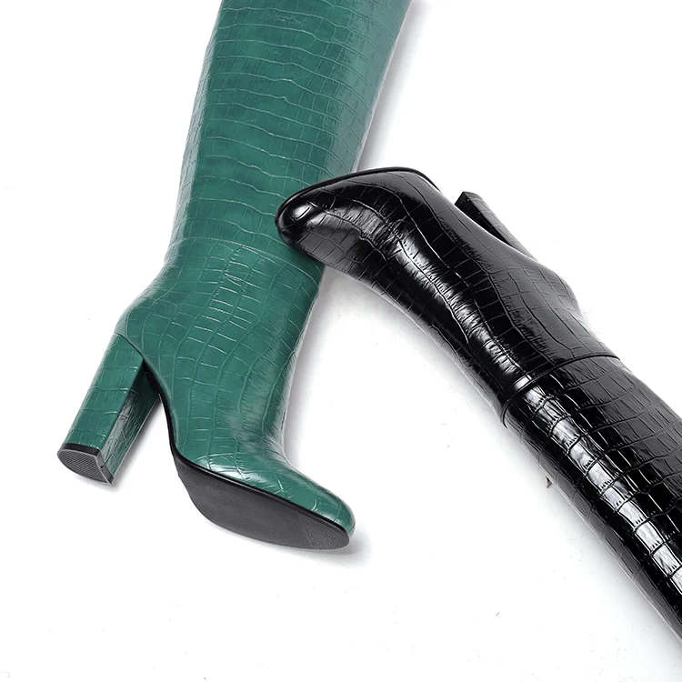 

Black green winter lady boot leather high heel long overknee shoes women's boots with hand-stitched ornament, White /green