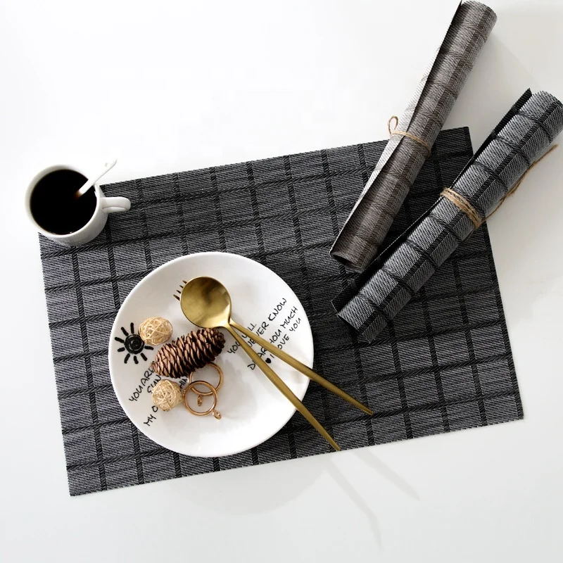 

i@home simple plaid western rectangular heat resistant woven pvc placemat dining table, Black/coffee