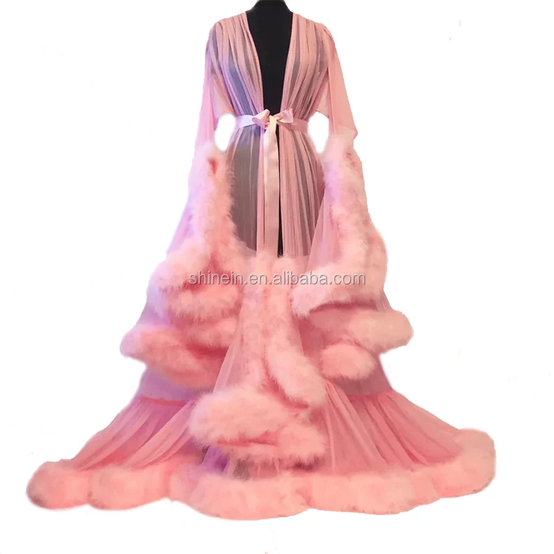 

Wholesale Women Sheer Feather Lace Lingerie Tail Dress Long Nightgown Fur Robe Transparent Feathers Sexy Lingerie Robe with Fur, As per picture