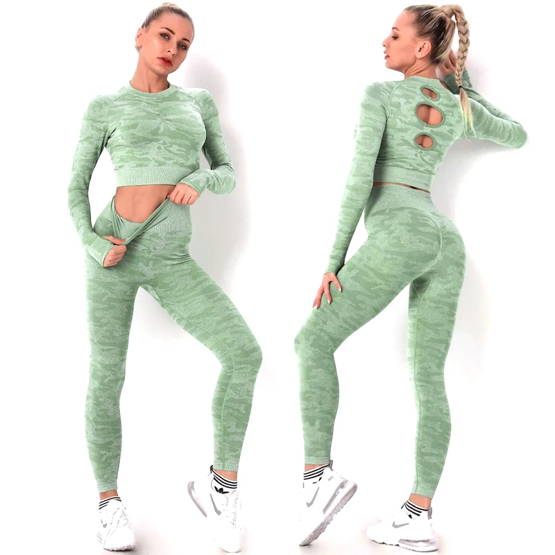 

New Seamless Camouflage Workout Sets Winter Tracksuit For Women Long Sleeve Crop Top + Yoga Pants Outdoor Jogger Sports Outfits, 8 colors in stock for choosing