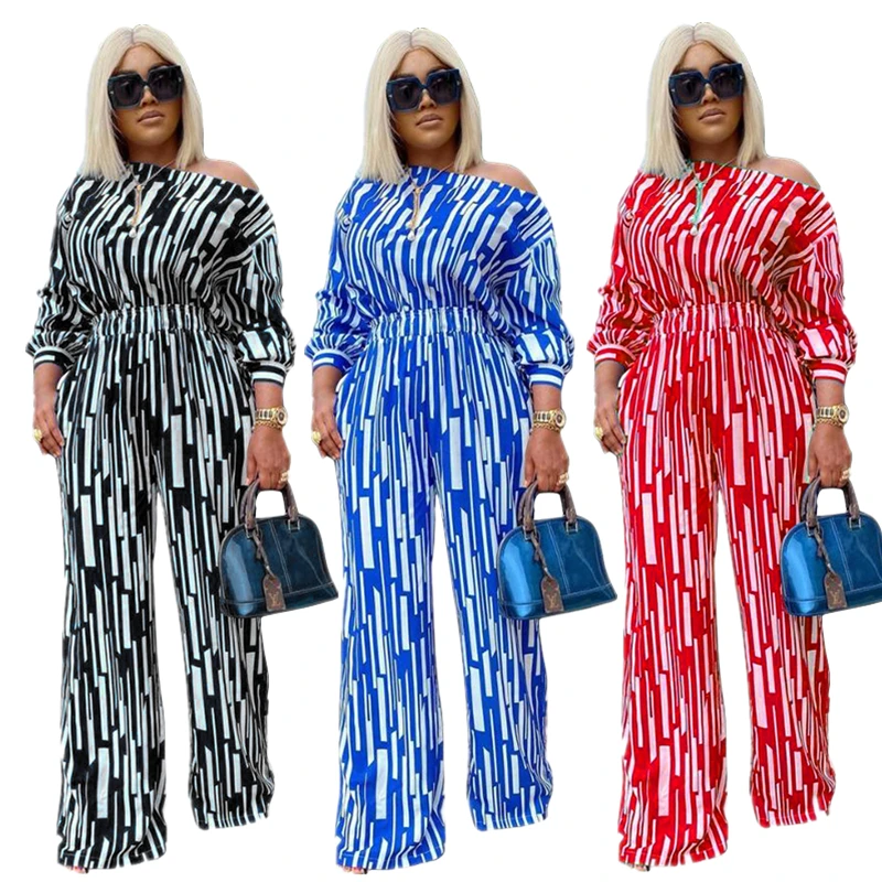 

Wholesale Loose Women Stripe Print Suit Plus Size Off Shoulder Two Piece Sets Casual Women Suit 2021, 3colors