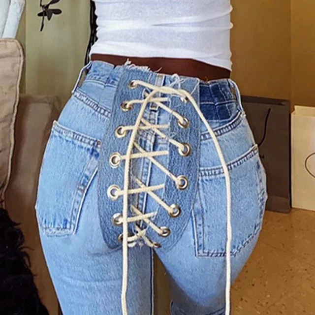

High Quality Boutique Denim Clothing Sexy Trend Creative Back Contrast Eyelet Jeans High Rise Rope Side Tie Girls Jean, Light blue, dark blue and black