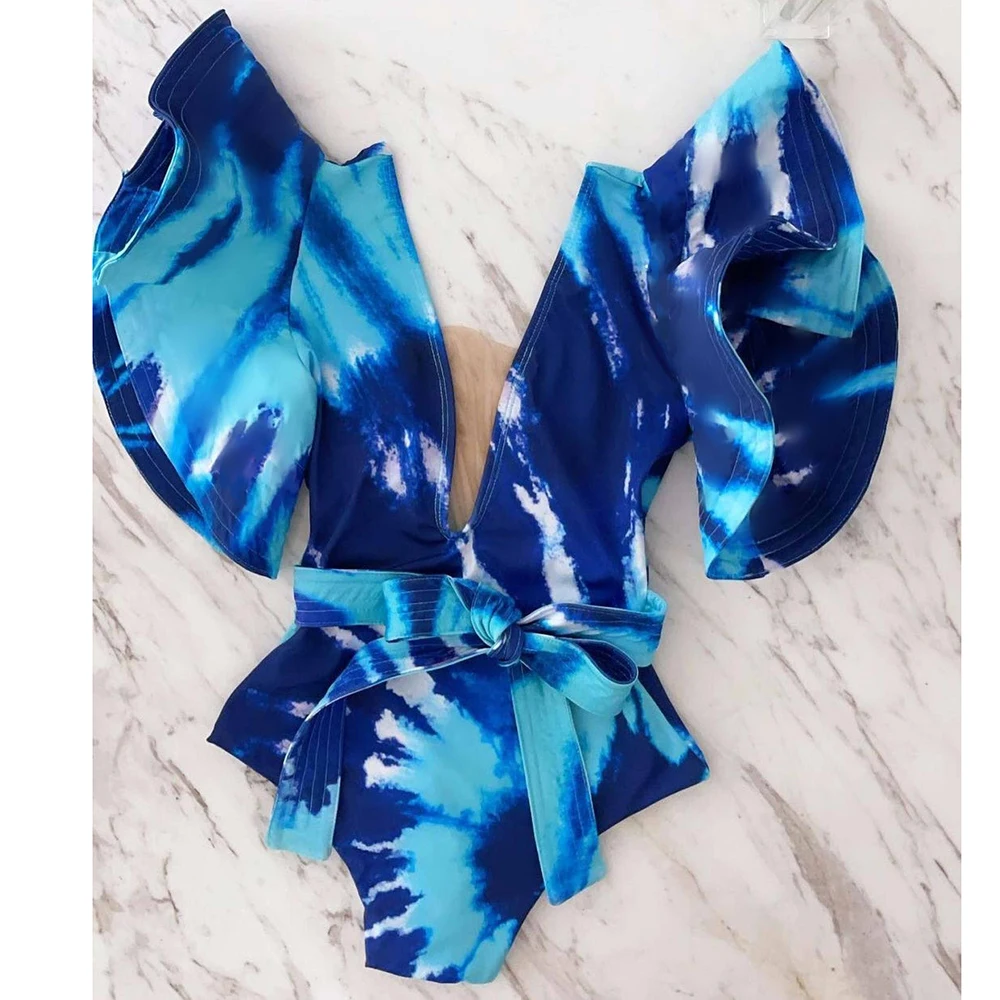 

One Piece Swimsuit 2022 Sexy Shoulder Ruffle Swimwear Women Swimsuit Printed Bathing Suit Beachwear Monokini V-Neck Swim