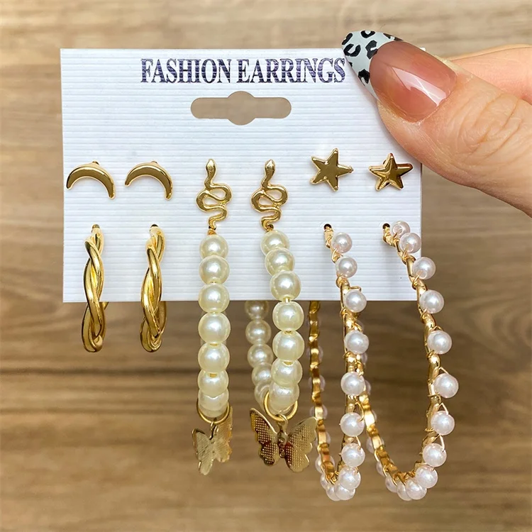 

Factory Trend Gold plated Hoop earrings Set Geometric Big Round Circle Brincos Moon Snake Star Pearl Earrings For Women