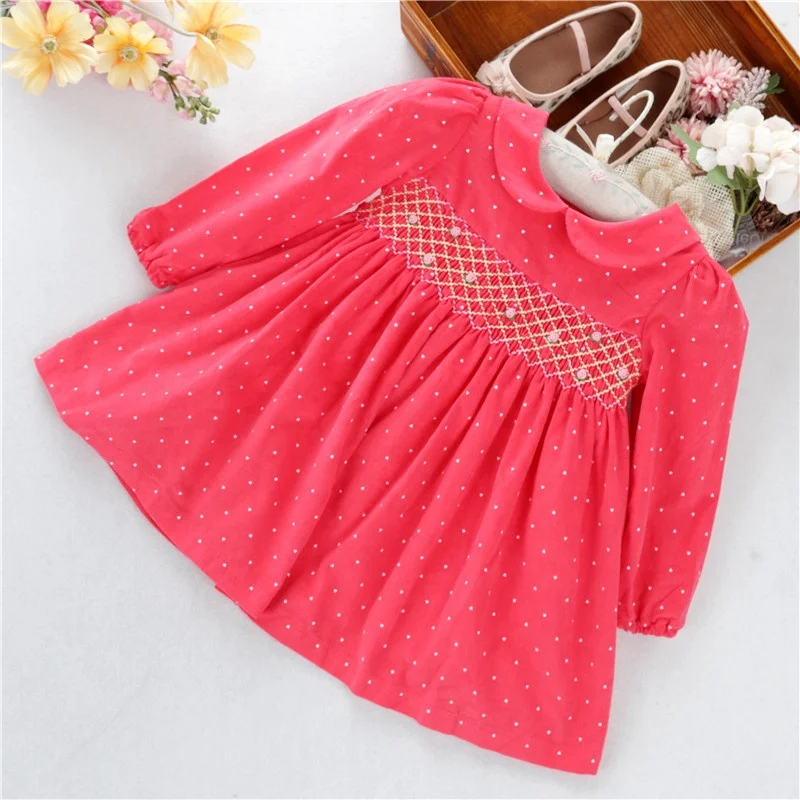 

C20729 Winter long sleeve red christmas little baby girls dresses smocked hand made kids clothes wholesale boutiques cotton