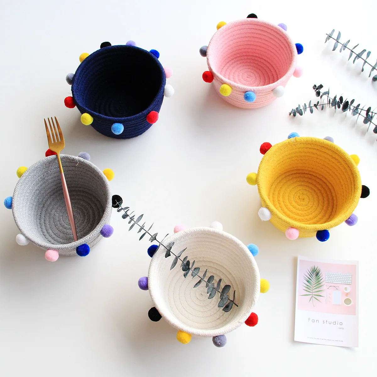 

Colorful Home Pompom Cotton Rope Kids Toy Sundries Storage Basket