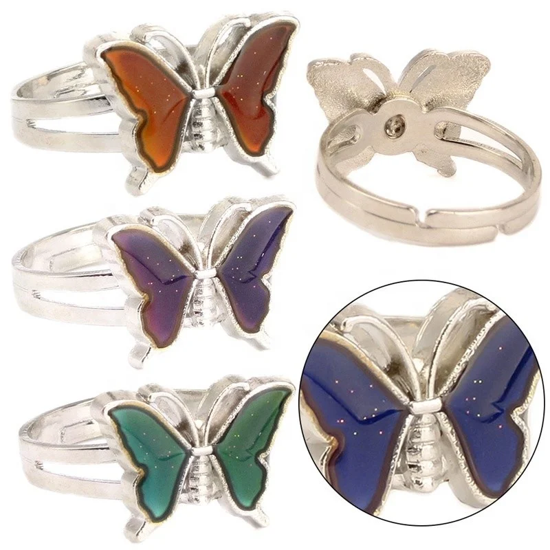 

Vintage Butterfly Glitter Powder  Mood Ring Unique Temperature Control Color Animal Rings Fashion Female Jewelry, Silver color