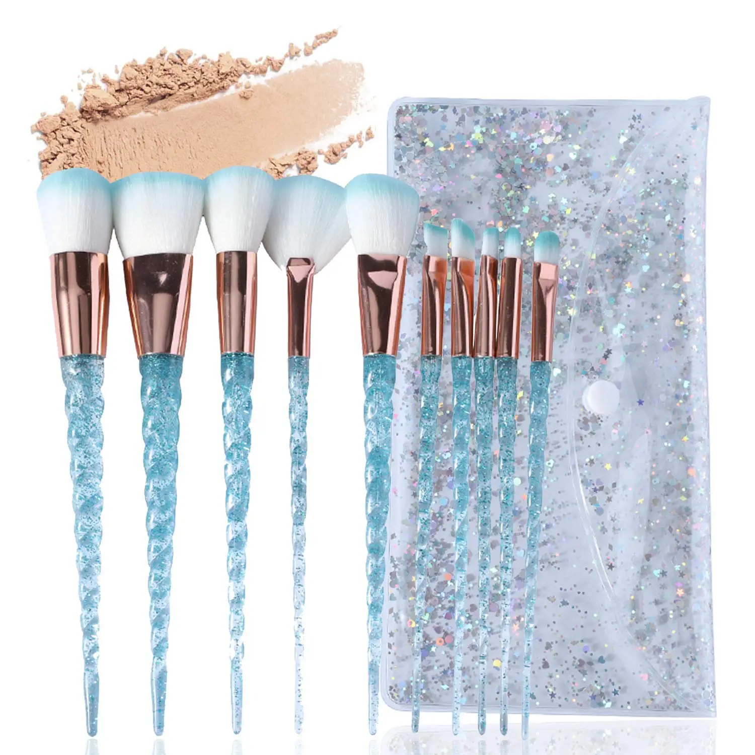 

Personalised holographic custom logo cheap crystal handle girls makeup brush designer makeup brush sets, Crystal blue