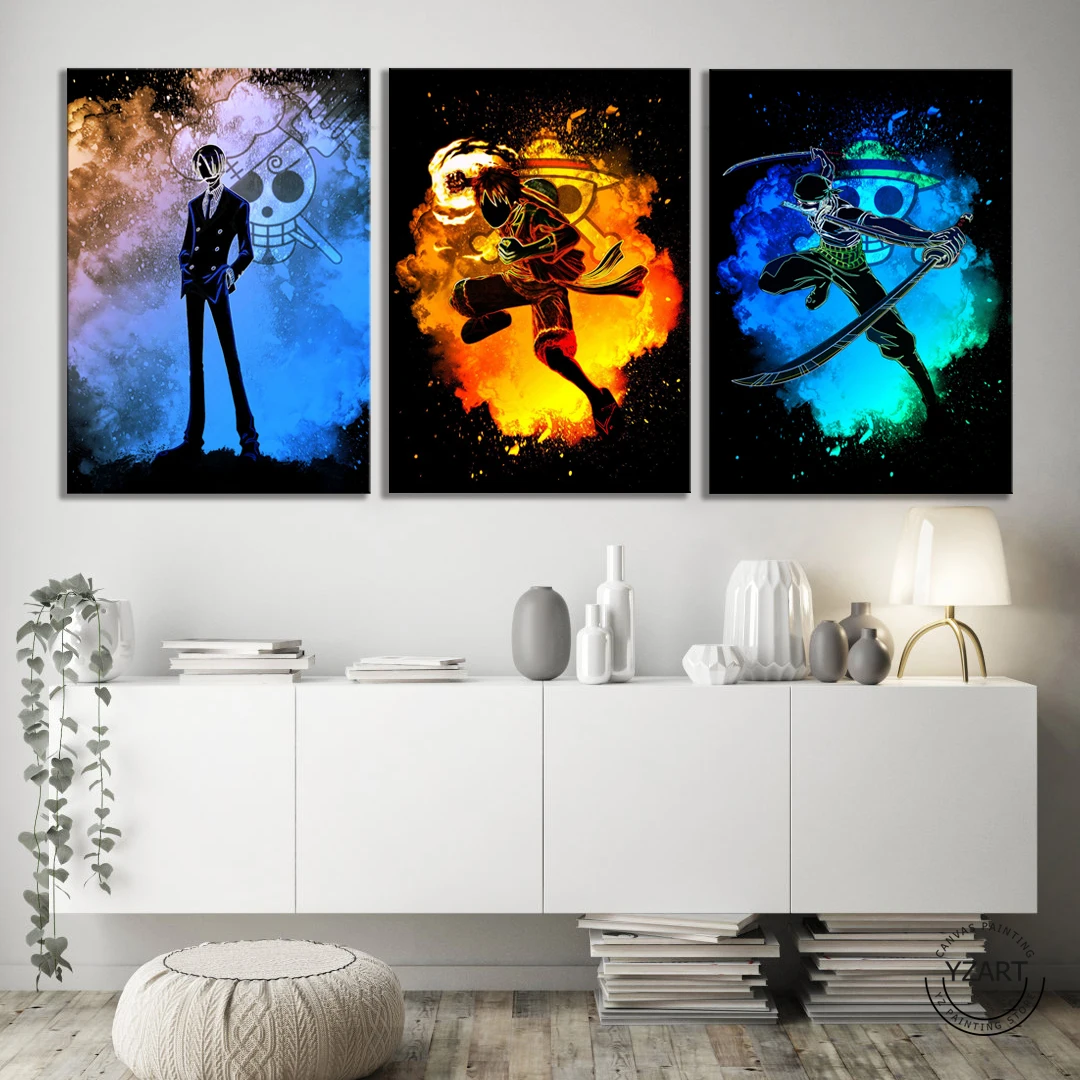 

3 Pieces Fantasy Style Anime Painting Luffy Zoro Sanji One Piece Oil Painting Canvas Art Paints Wallpaper Home Decor Anime Paint, Multiple colours