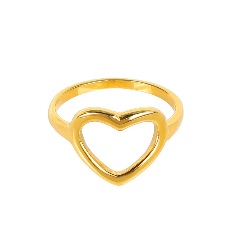 

Wholesale Custom 18k Gold Plated Stainless Steel Waterproof Jewelry Hollow Heart Love Ring for Women Girls