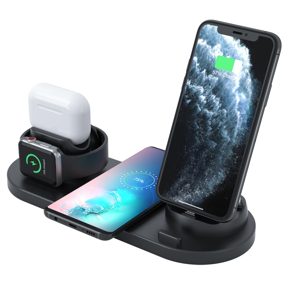 

New Arrival Multifunctional Mobile Phone Charging Stand Holder 6 In 1 Rotating wireless charger For CellPhone/Watch/Headphone, White/black