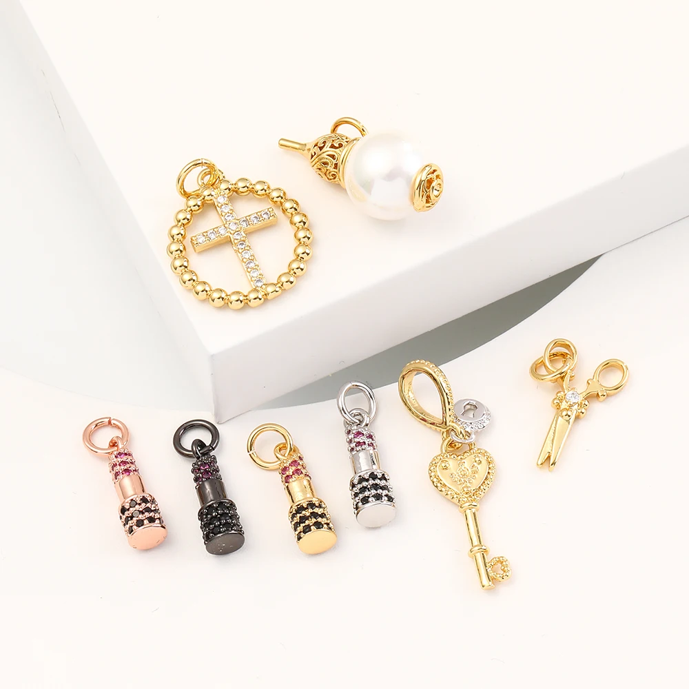 

18k gold plated copper with zircon scissors lipstick key cross pendant pearl charms for jewelry necklace bracelet earring making