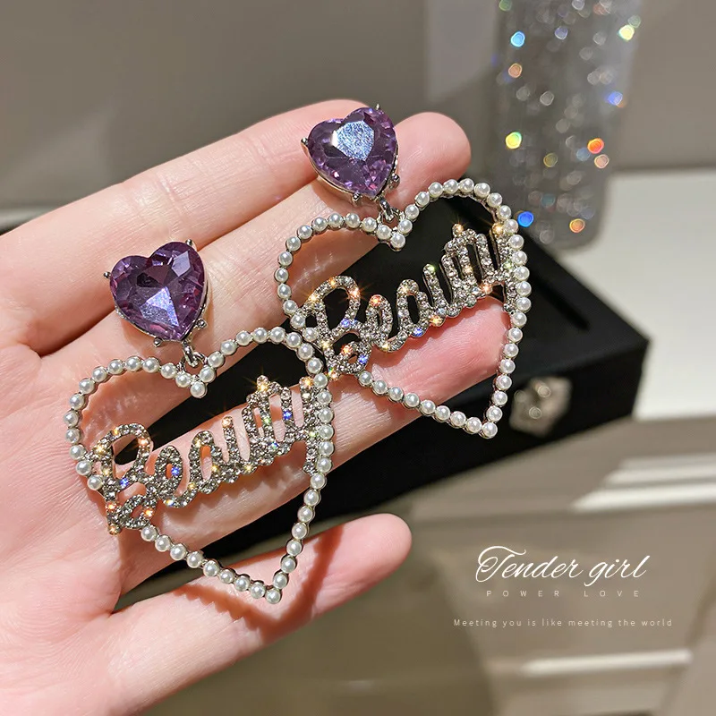 

purple heart crystal luxury earrings women fashion