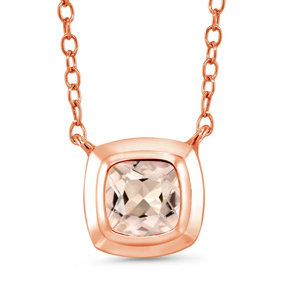 

Newest Bezel Setting 6mm Cushion Peach Morganite Rose Gold Plated Silver Necklace