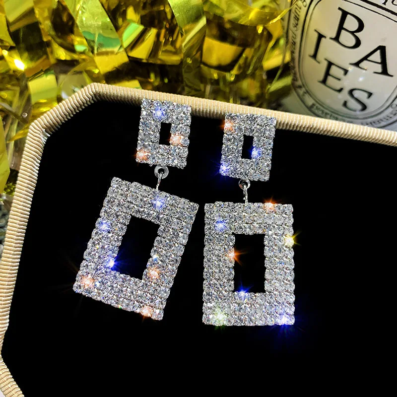 Barlaycs 2020 New Fashion Statement Luxury Vintage Geometric Square Hollow Wedding Rhinestone Drop Earrings Jewelry for Women