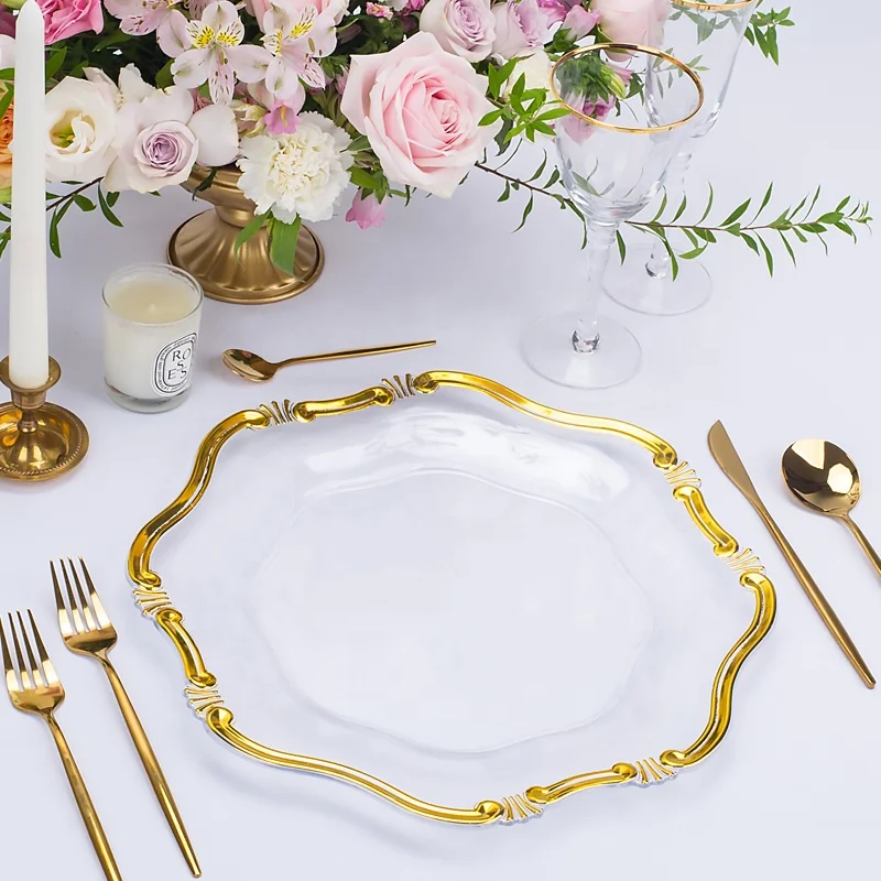 

cheap rose gold rim silver plastic charger plates gold beaded for dinner clear glass charger plates wedding decoration 13 inch, Gold/rose gold/silver