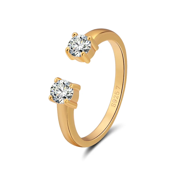 

Drop shopping Fashion Wholesale Solid Color Plated AAA CZ Adjustable Sterling Silver Personalized Open Cuff Two Stone Ring