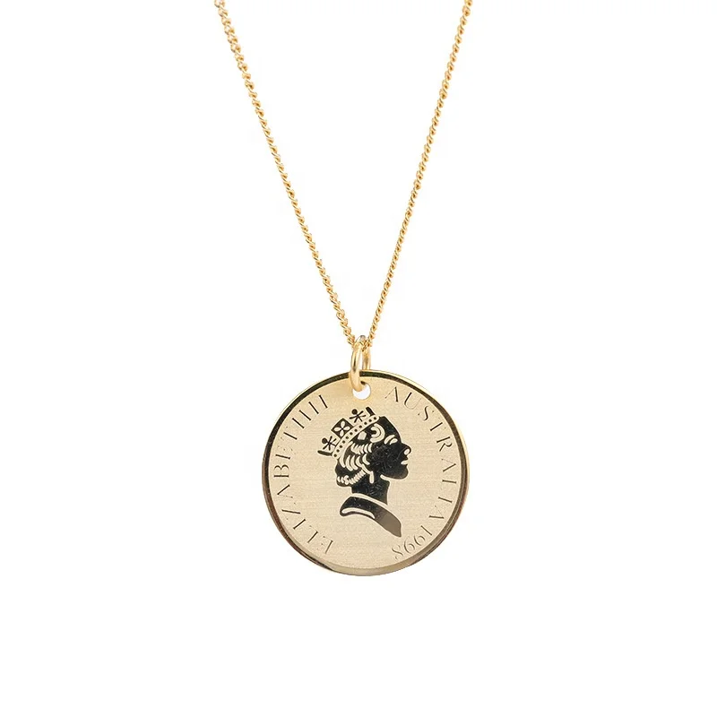 

925 Sterling Silver Medallion Fashion Necklace Queen Elizabeth II Head Coin Necklace 18K Gold Coin Pendant Necklace