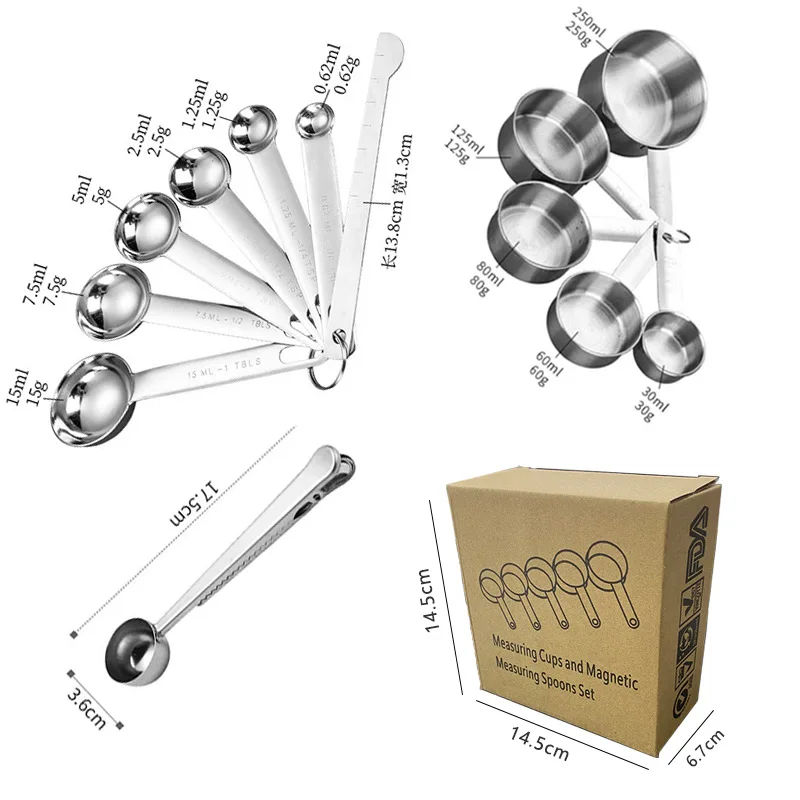 Hot Selling Kitchen Baking Tool Small Measuring Coffee Spoon Clip Scoop Set 18/10 Stainless Steel Measure Cup
