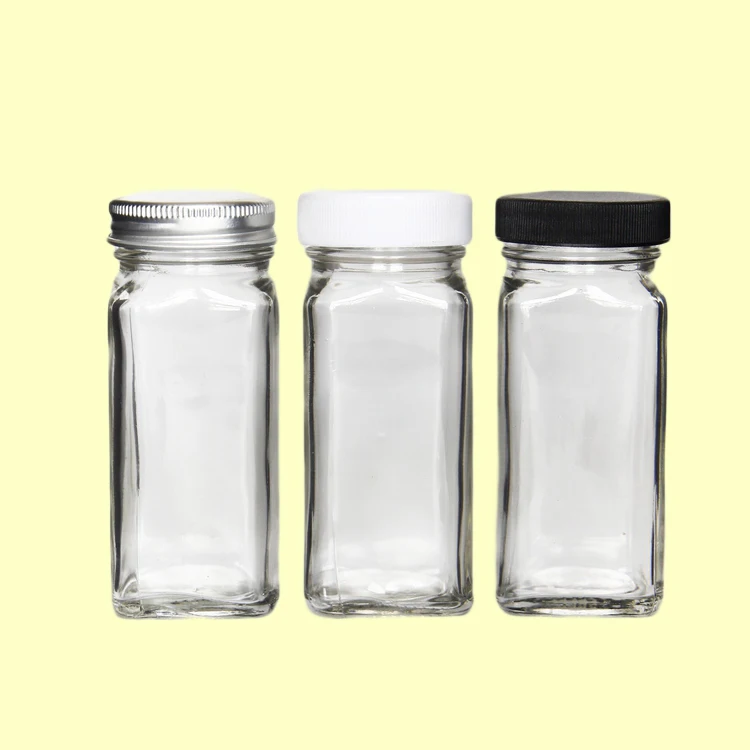 Square Glass Spice Bottles 4oz 120ml Spice Jars with Silver Metal Lids and Plastic Inner