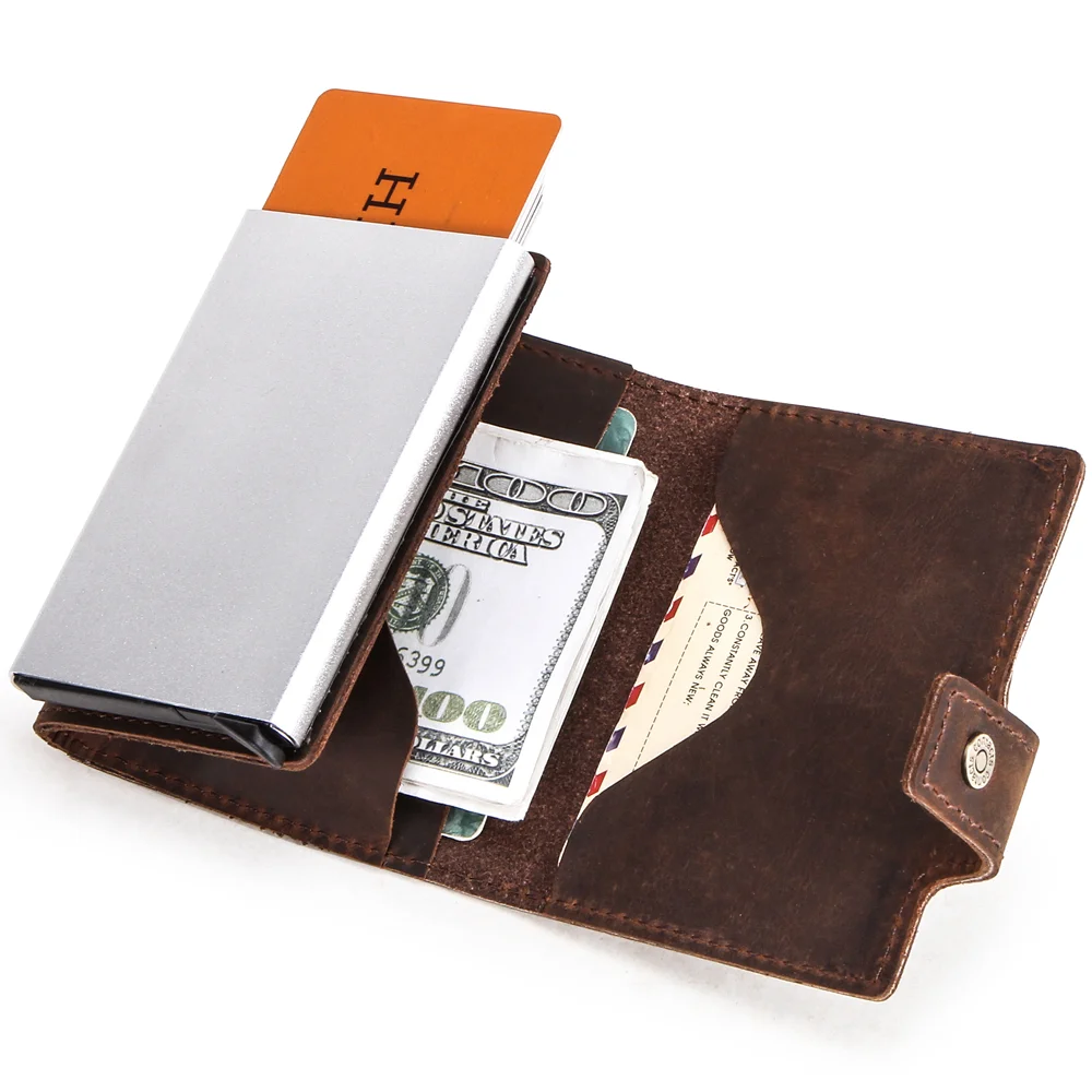 

crazy horse leather new product rfid aluminum automatic pop up id cash credit card holder rfid credit card wallet