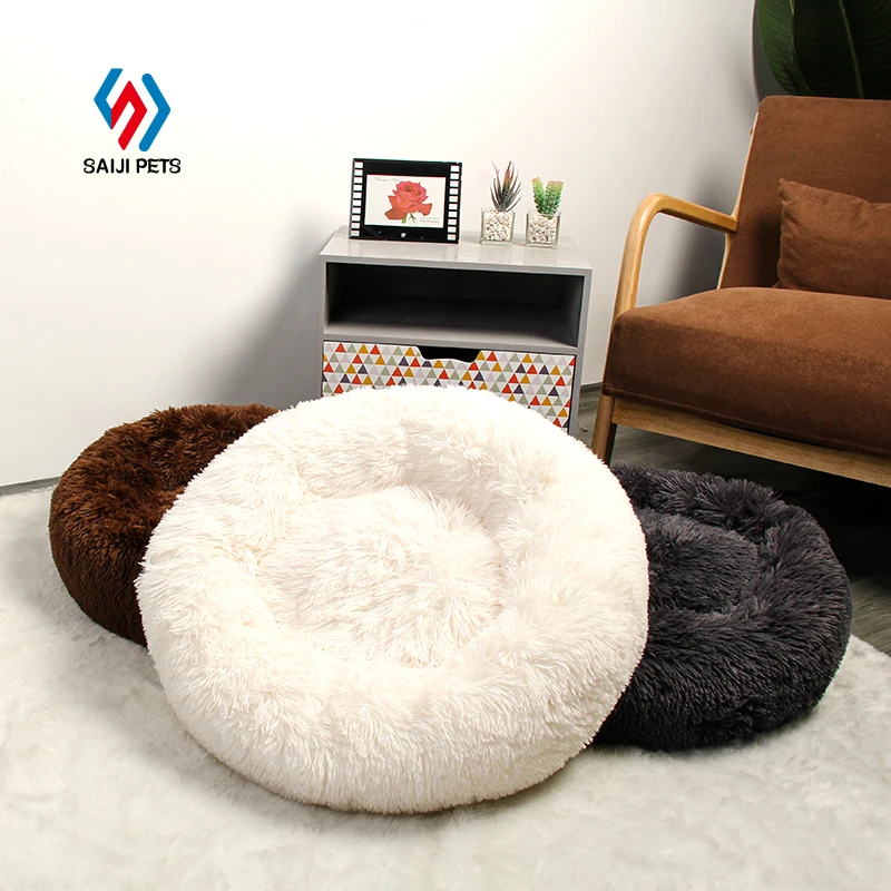 

Saiji all season use many colours fluffy pet cushion faux fur breathable plush donut round dog and cat beds matress, Colorful, customized color