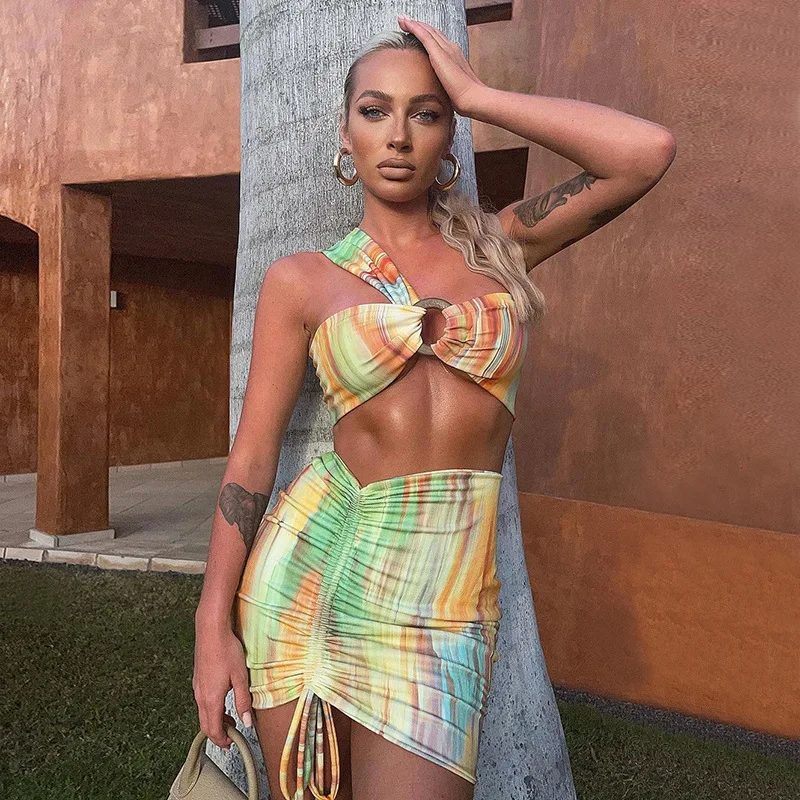 

ZC00351 2021 Summer Women's Sexy Hollow Open Back Drawstring Short dess 2-Piece Suit Printed Slim Short Vest Skirt Beachwear Set