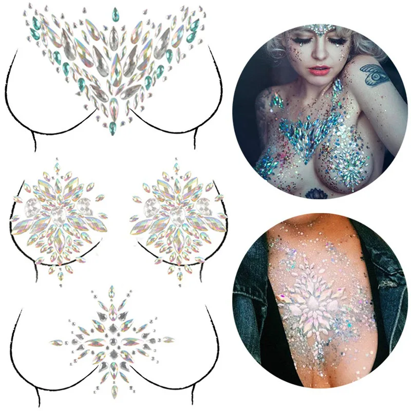 

Set Crystal Sexy Chest Jewels Temporary Tattoo Sticker 3D Stage Rhinestone Flash Tattoo Adhesive Face Jewel Chest Gem Body Paint, Colorful