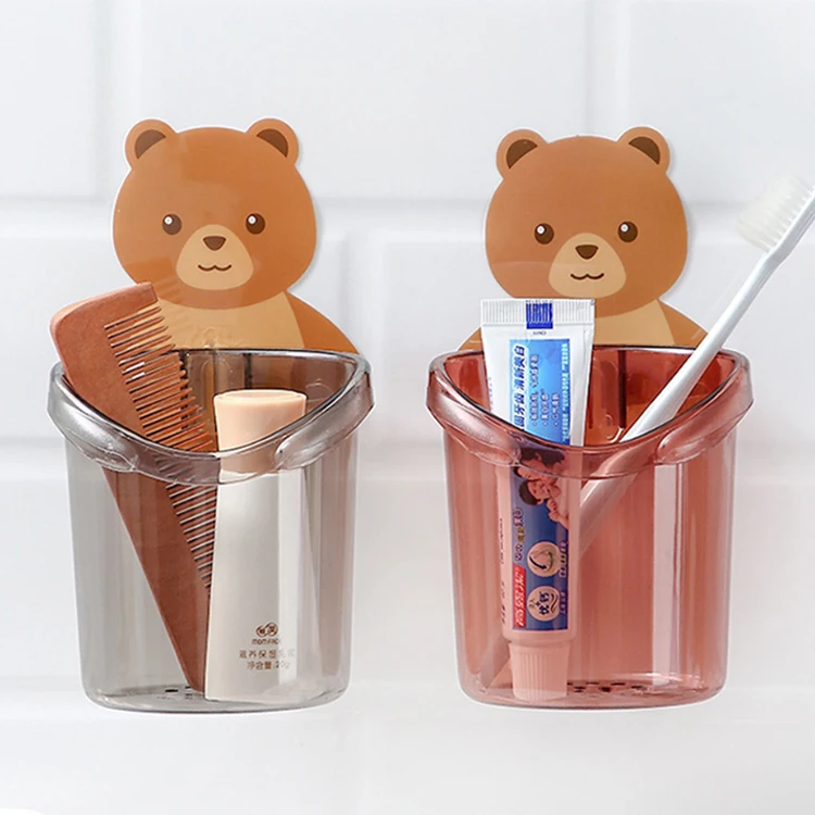 

A2885 Carton Bathroom Bear Toothpaste Holder Wash Cup Rack Bathroom Store Shelf Wall Hanging Toothbrush Storage Cup, 3 color