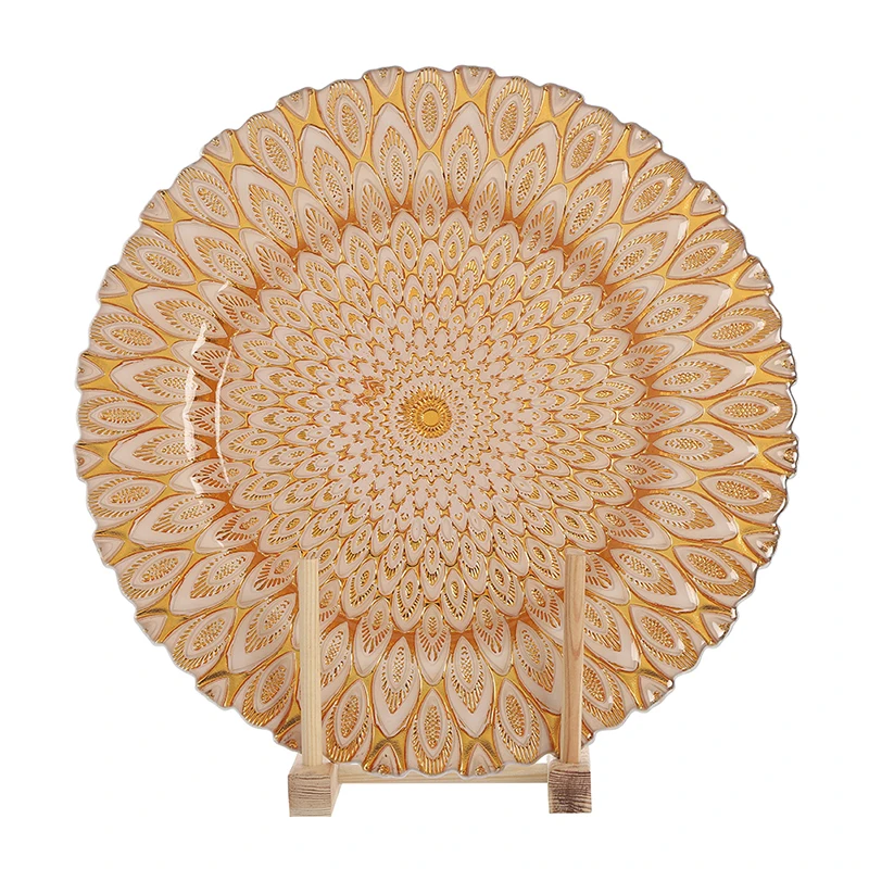 有光泽的孔雀羽毛图案压花绿色玻璃充电器板服务托盘 33厘米 13英寸