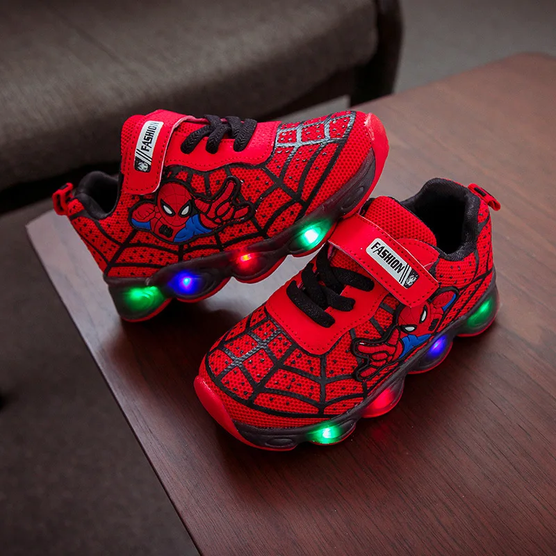 

Red Kids LED Shoes Fly Woven Spiderman Sneakers Luminous Sports Shoes for Kids, Red blue black