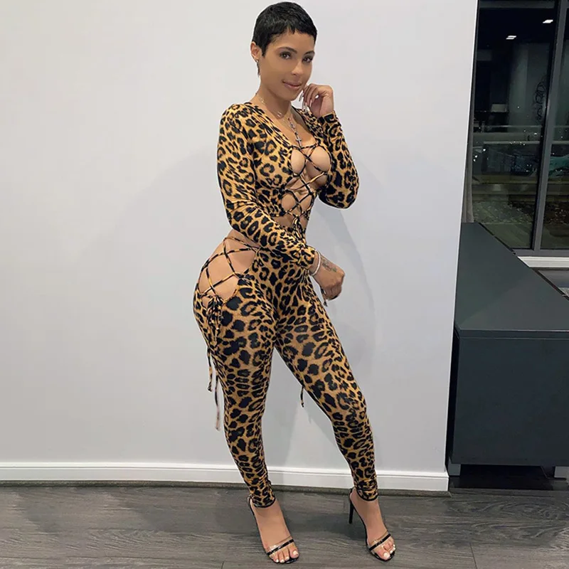 

Wholesale new 2021 2 piece set sexy bandage women pants casual skinny leopard print long sleeve clothing, Photo shows