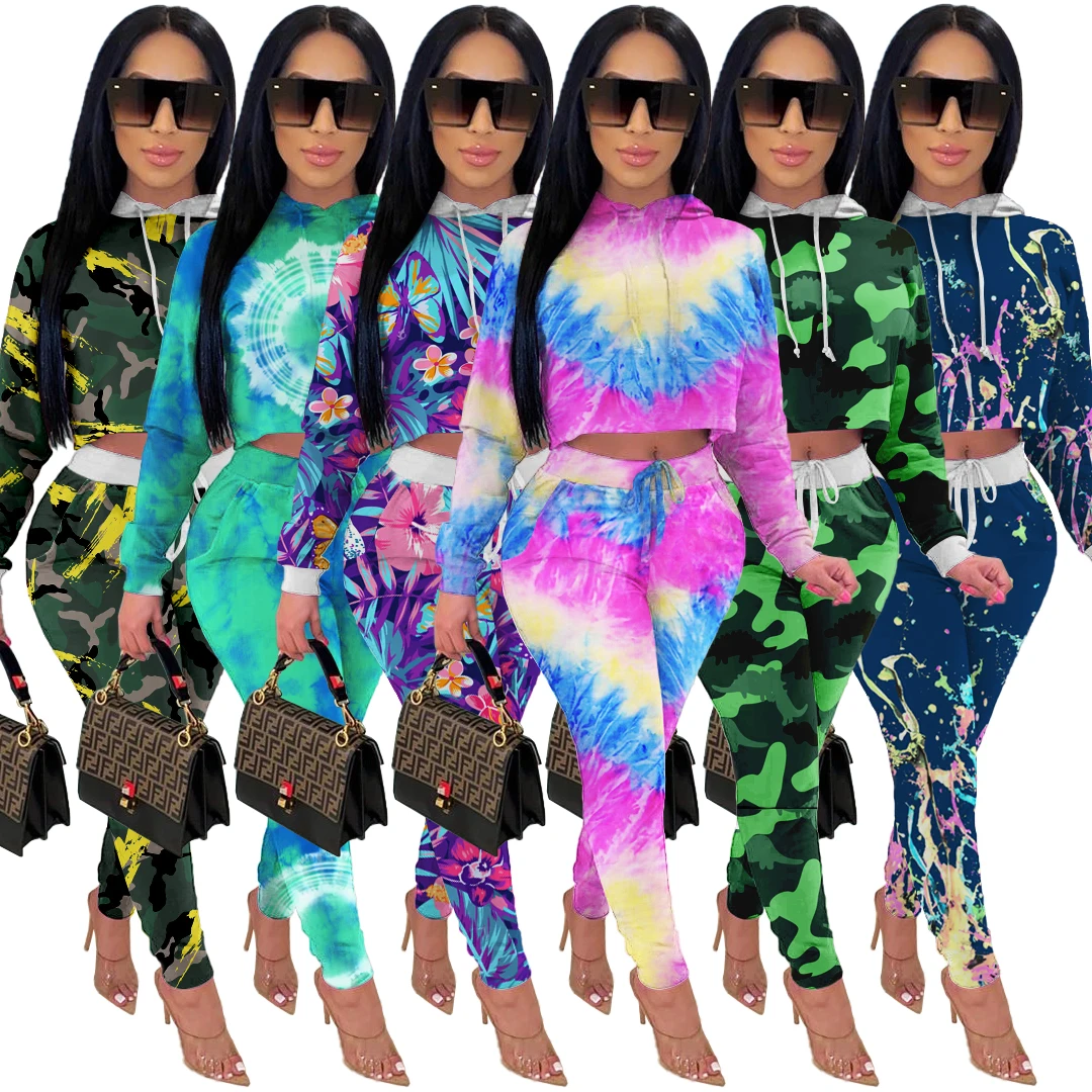 

Autumn and winter fashion tie-dye drop shoulder long-sleeved women casual suit with hood ladies winter suit