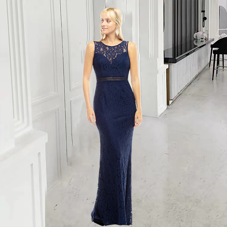 

In stock new design hollow out round collar maxi lace navy blue africa bridesmaid dress long braidmaid dresses