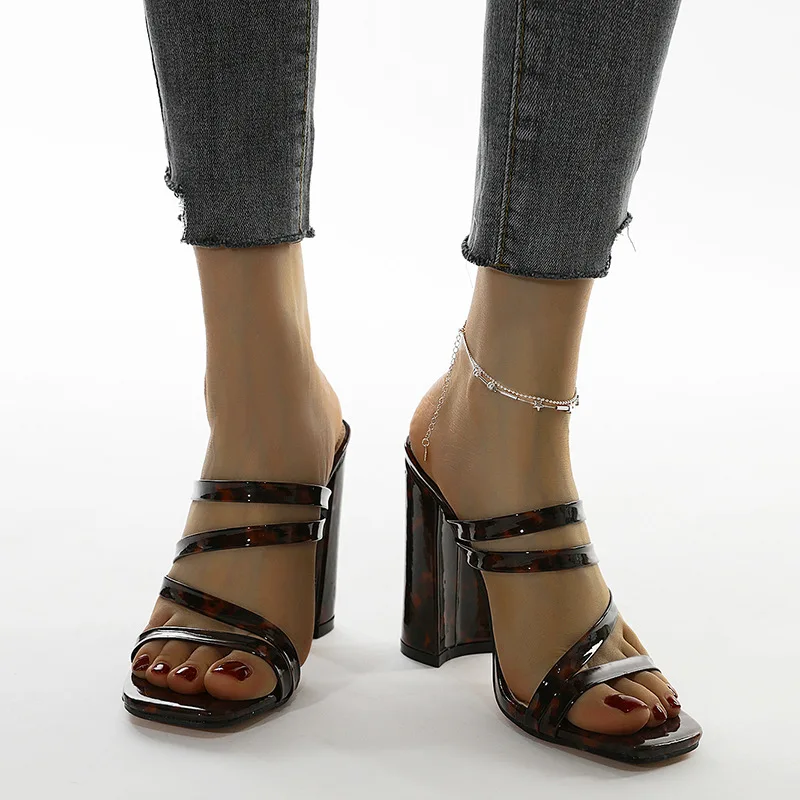 

Leopard pattern multi-strap women slipper sandal square toe block heel lady mules summer fashion outer wear female slides