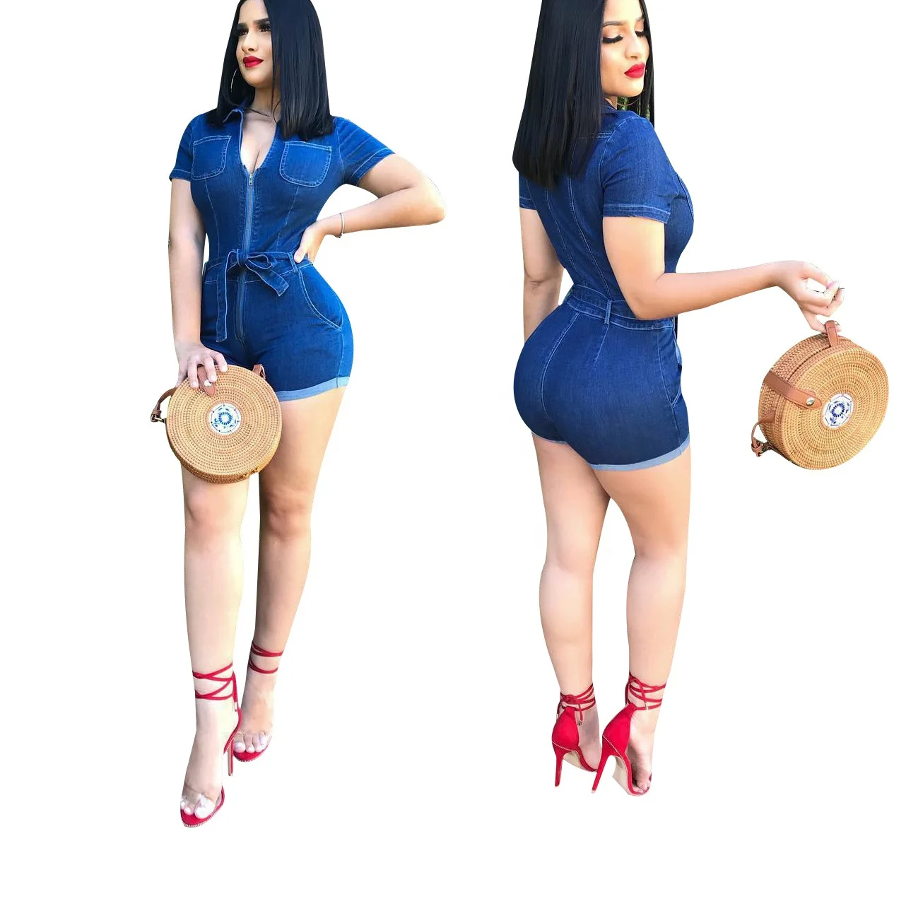 

XY-W8126 Casual crochet solid zip up short sleeve denim jumpsuit women rompers