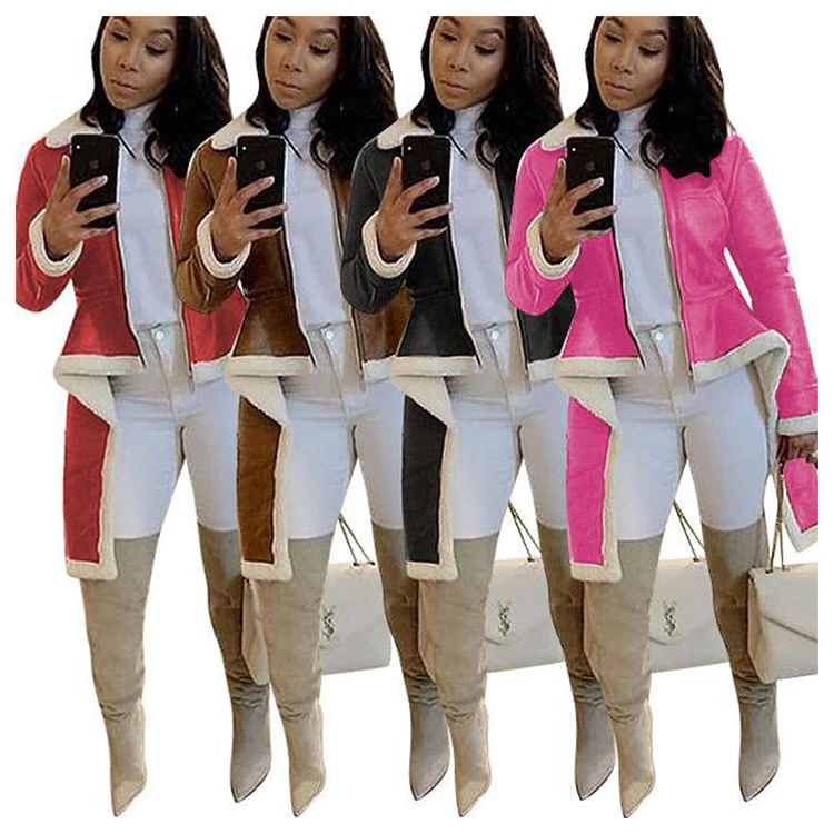 

12022NA New Arrival Stand Collar Slim Irregular Hem Wool Leather Spliced Winter Coat High Womens Boutique Clothing