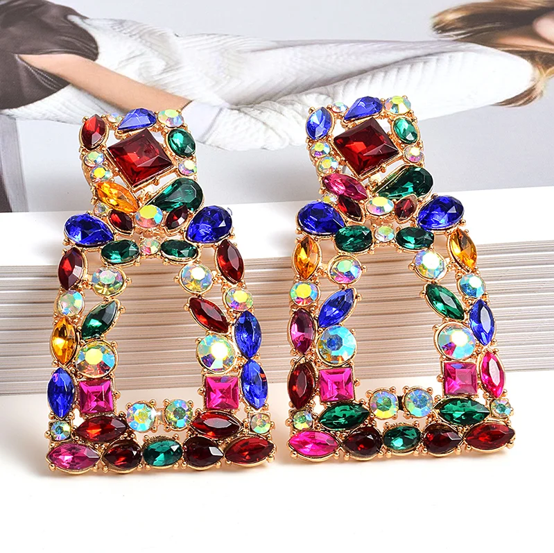 

XUNBEI New Long Hollowed-out Hanging Colorful Crystal Dangle Drop Women Earrings Jewelry