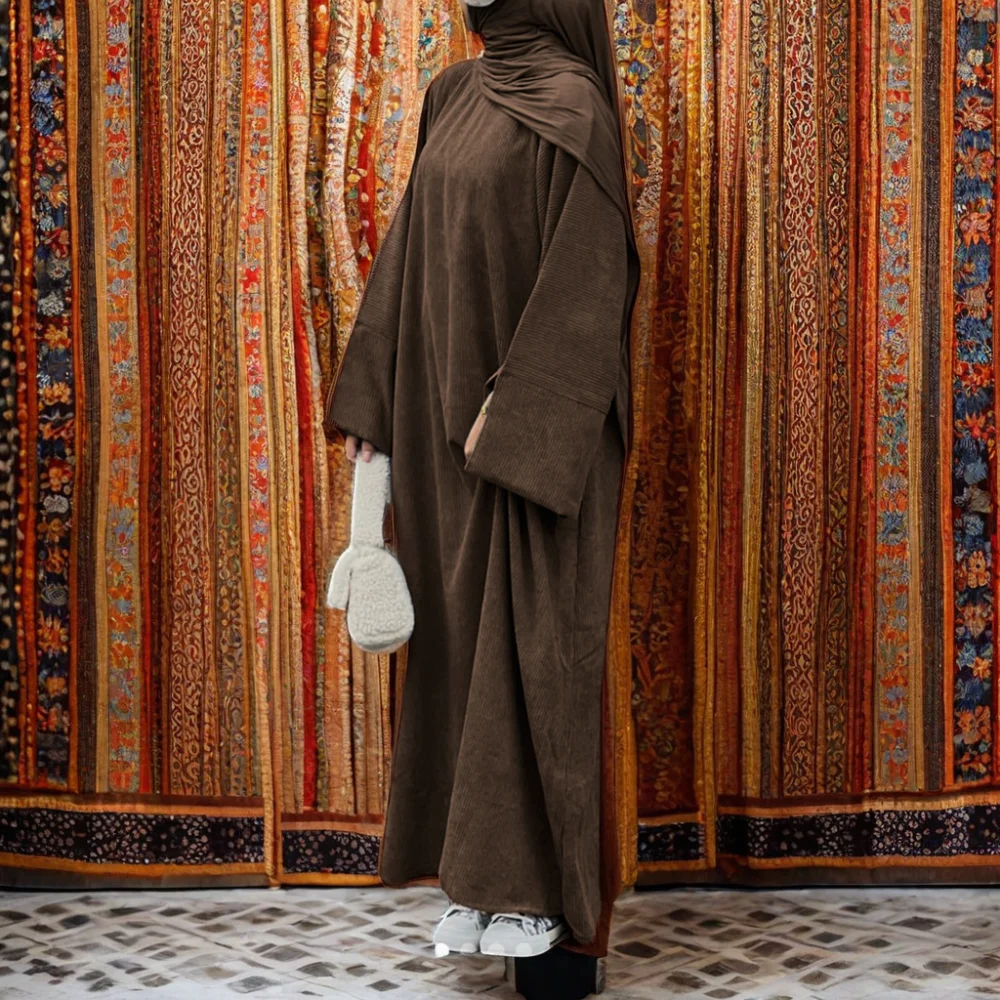 

Bicomfort New Model Elegant Turkish Modest Corduroy Abaya XXL Size Winter Dress for Women Thick Warm EID Ramadan Muslim Dress