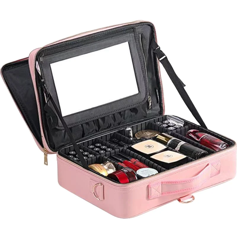 

Zipper Cosmetic Bag Makeup With Mirror Fashion Storage Travel Led Light Leather With. Make Up