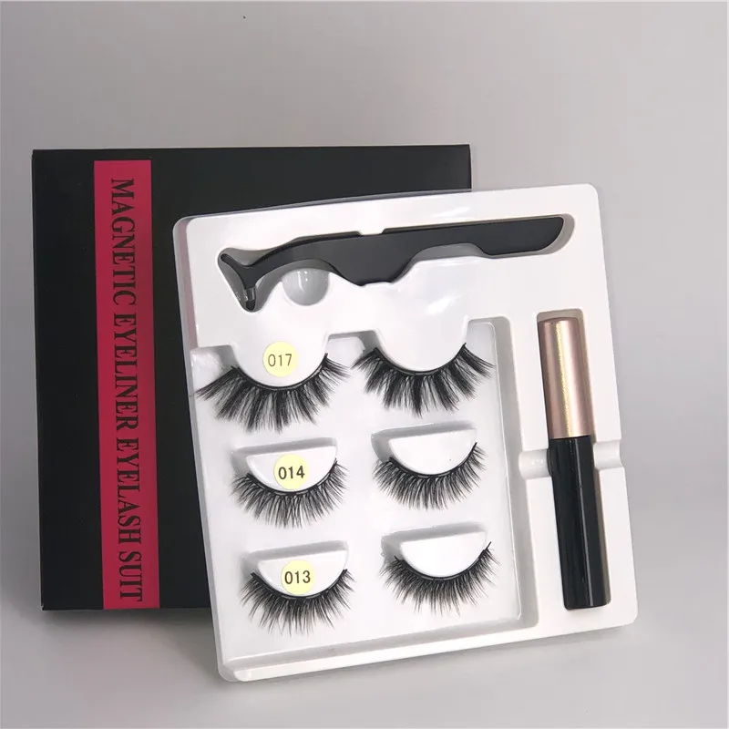 

3 pairs Magnetic Eyelashes 3D False Mink Eyelashes Magnet Lashes Magnetic Liquid Eyeliner Tweezer Set